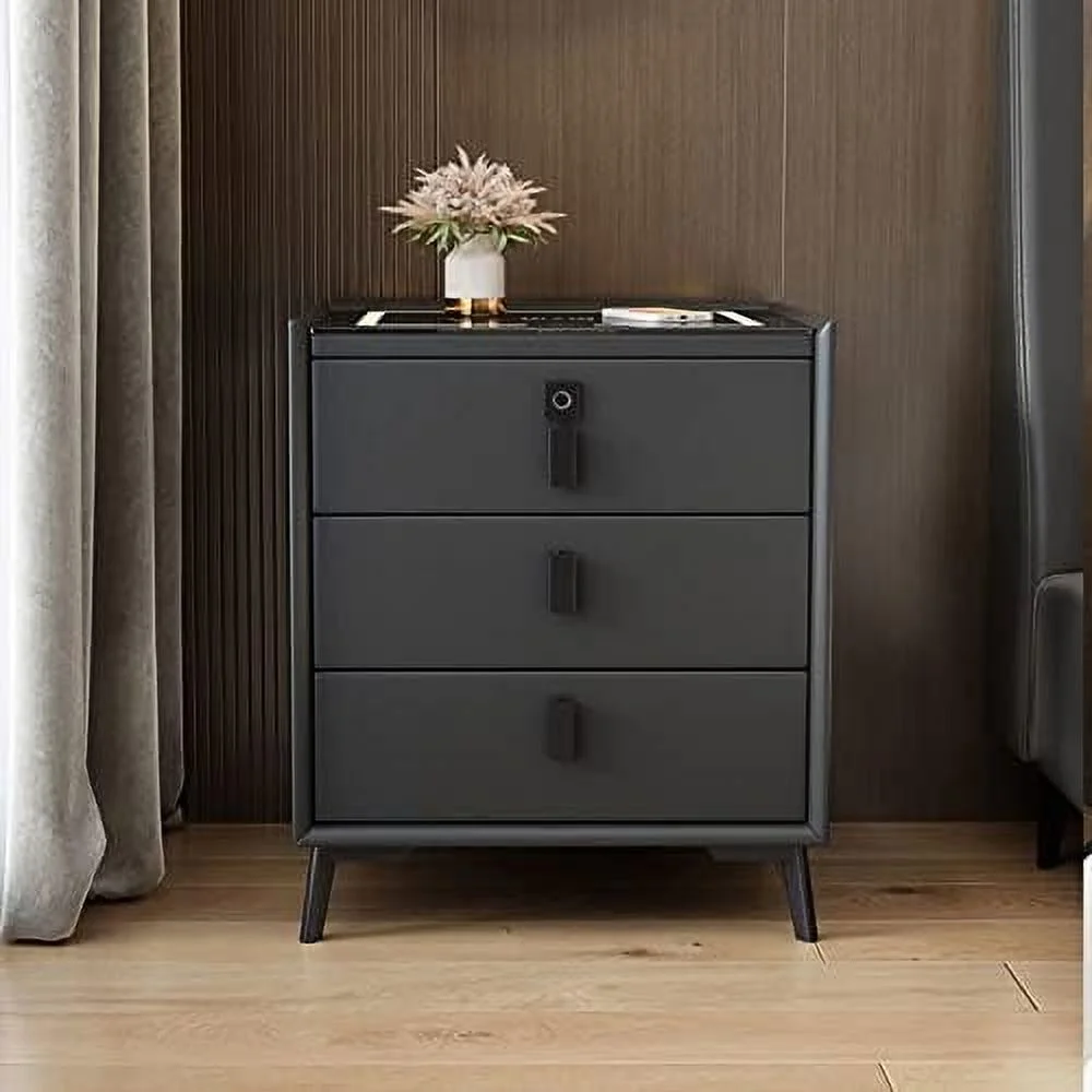 RUNFAYBIU Smart Nightstand/Wireless Charging Station 3 Color LED Lights and Bluetooth Speaker NightStands Fingerprint Lock and 3 Drawers  Modern Small Bedside Table for Bedroom Living Roo