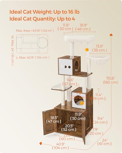 Feandrea Cat Tree with Litter Box Enclosure, 2-in-1 Modern Cat Tower, 70.8-Inch Tall Cat Condo with Scratching Posts, Perch, Caves, Basket, Washable Cushions, Heather Greige UPCT116G01
