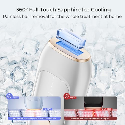 Painless Sapphire Ice Cooling IPL Laser Hair Removal Device for Women and Men Permanent, Unlimited Flashes, Alternative to Salon Hair Removal Safe at Home for Face Bikini Upper Lip Armpits Legs