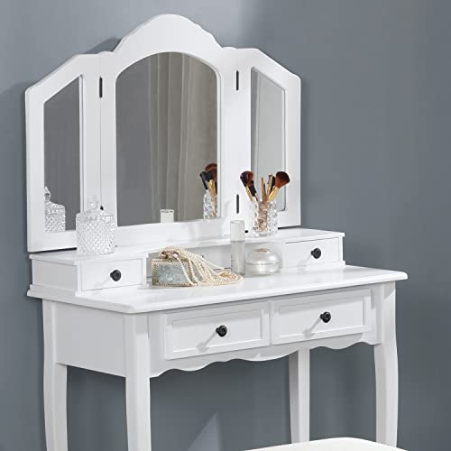 Roundhill Furniture Sanlo Wooden Vanity | Make Up Table and Stool Set | White