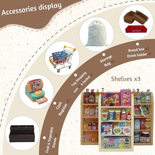 180Pcs Mini Shopping Cart Playset - Pretend Grocery Dollhouse Accessories Toys with Miniature Cash Register, 2 Fruit-Veggie Stands, 3 Shelves, 100+ Play Food - Educational Role Play Toys for Toddlers
