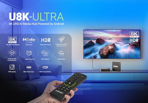 MINIX U8K-Ultra 8K Android Media Player with AI Picture Quality Enhancer & AI Resolution Upscaling 8GB RAM 128GB eMMC, Powered by AOSP 11, Non-Android TV System Dolby Vision and Dolby Atmos Certified