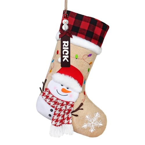DEMIUKO 3PCS Christmas Stockings Large Family Christmas Stocking with Personalized Name Tag Snowman Santa Penguin Burlap Plaid Xmas Stockings Holiday Christmas Fireplace Decor Gifts for Family Kids