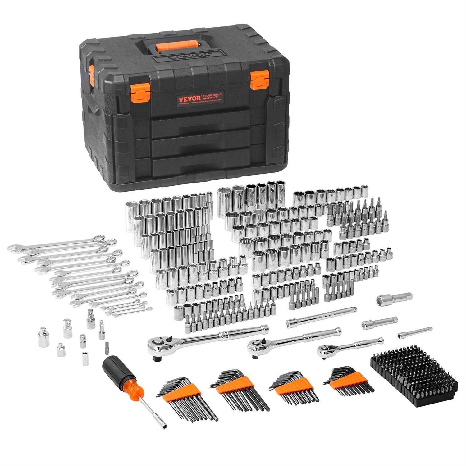 VEVOR Mechanics Tool Set and Socket Set, 1/4 3/8 1/2 Drive Deep and Standard Sockets, 450 Pcs SAE and Metric Mechanic Tool Kit with Bits - Shop Hardware Tools Online Store