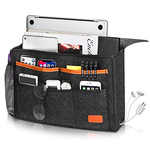 Bedside Caddy, Large Size 15.7''x9.8'' inch for Bed Storage Organizer, Bed Hanging Caddy with 8 Pockets for Laptop, Magazine, Remote Holder, using in dorm, Bed, Kids Storage Organizer Gift, Light Gray