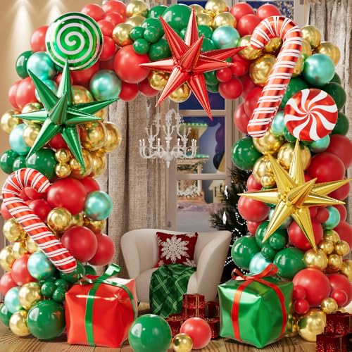 CboDeco Christmas Balloon Arch Kit, 179PCS Red Green Gold Balloon Garland with Candy Cane, Gift Box, Exploding Star Foil Balloons for Christmas Party Decorations, Holiday Backdrop