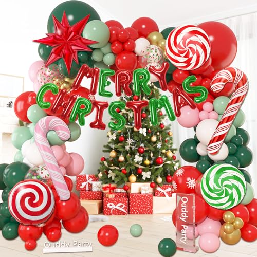 170Pcs Christmas Balloon Garland Arch Kit with Merry Christmas Banner Red Green Pink Gold Printed Confetti Balloons Cane Candy Star Foil Balloons for Xmas Party Indoor Outdoor Decorations Supplies