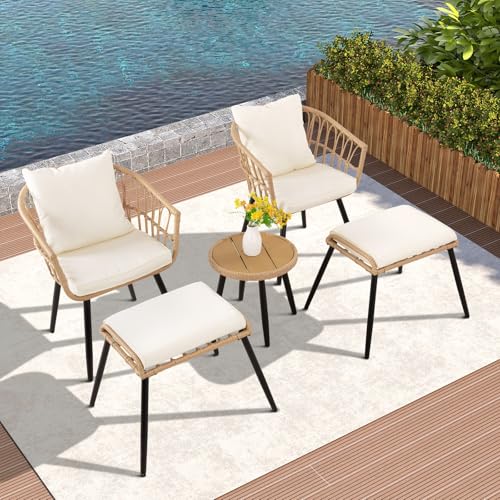 3 Pieces Patio Bistro Set, Outdoor Wicker Table and Chairs Set of 2, Rattan Balcony Furniture Set with Cushions for Front Porch Apartment Backyard Deck,Beige