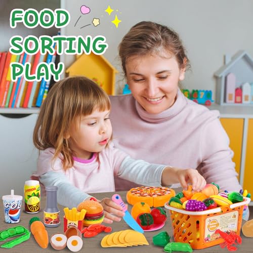 AROIC 92PCS Play Food, Toddler Kitchen Accessories Food Toys with Cutting Fruits & Vegetables, Plastic Mini Dishes Shopping Basket and Knife, Pretend Play Gift Kitchen Playset Velcro Cutting Toys