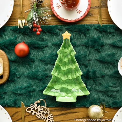 Artoid Mode Christmas Trees Green Soft Plush Faux Fur Jacquard Christmas Table Runner, Holiday Kitchen Dining Table Decoration for Home Party Decor 13x72 Inch