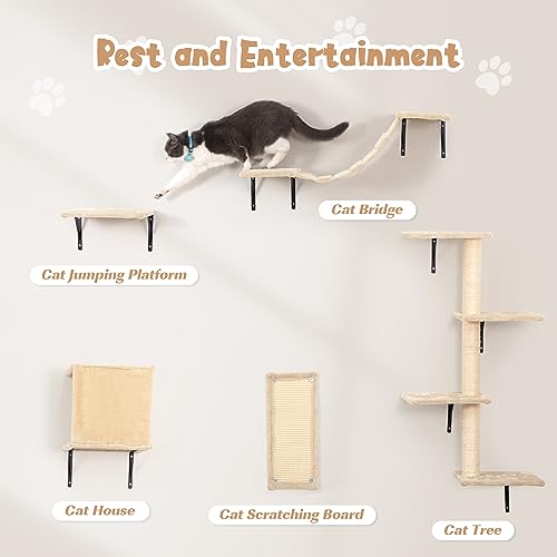 Wall Mounted Cat Furniture Set - 5 Piece Cat Shelves with Tree, Perch, Scratcher, Bridge & Condo - Gray