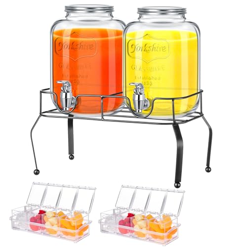 Glass Drink Dispenser for Party Set of 2-1 Gallon, 2 Pcs Ice Chilled Condiment Caddy with Lid and Spoon Halloween Drink Dispenser with Stand and Spigot for Summer Wedding Party Bar Supplies