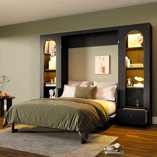 Ball & Cast Queen Size Murphy Bed with Desk,Hidden Wall Bed with 2 Sides Storage Cabinets,Shelf & Led,Murphy Cabinet Bed Frame for Bedroom,Guest Room,Space Saving,Black