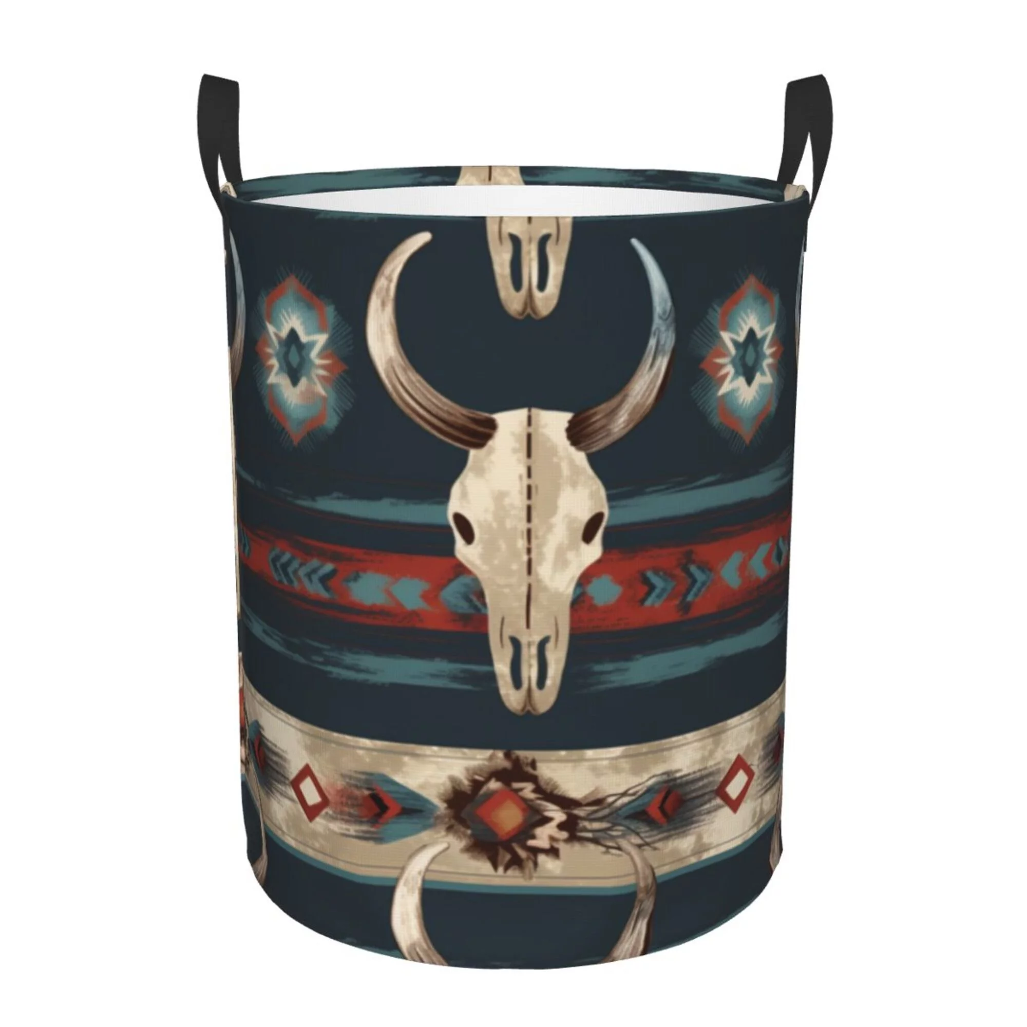 TEQUAN Waterproof Laundry Hampers, Vintage Ethnic Boho Bull Skulls Pattern Clothes Storage Basket with Handle (M)