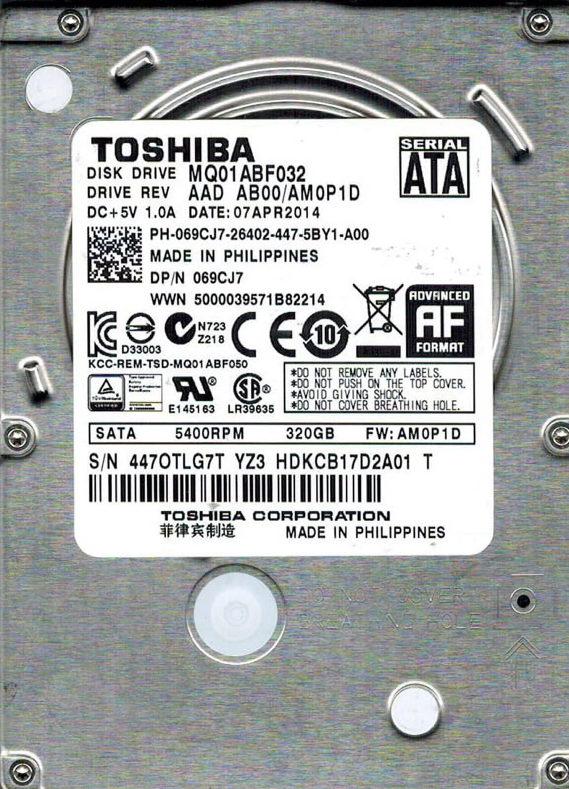 Toshiba MQ01ABF032 AAD AB00/AM0P1D 320GB