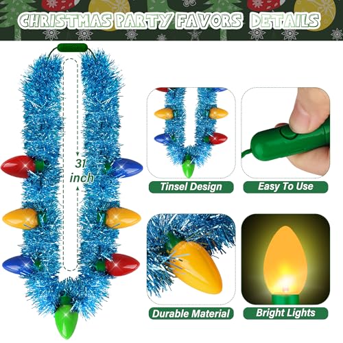 Light up Christmas Necklace, 4PCS Tinsel Christmas Necklaces Accessories, 7 Bulb Xmas Red Yellow Blue Green Silver Necklaces Party Supplies, 3 Modes Necklace Accessories for Xmas Ugly Sweater New Year
