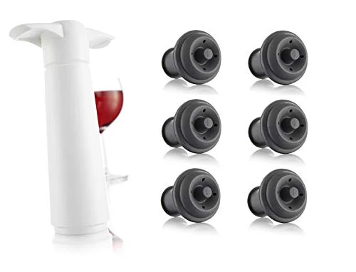Vacu Vin Wine Pump (White) with 6 Vacuum Wine Saver Bottle Stoppers (Black)