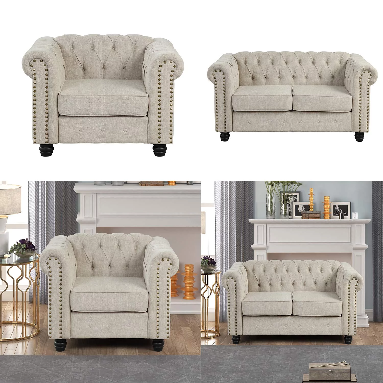 Morden Fort Beige Sofa Set for Living Room Furniture Button Tufted Chair and Loveseat 2 Pieces Fabric
