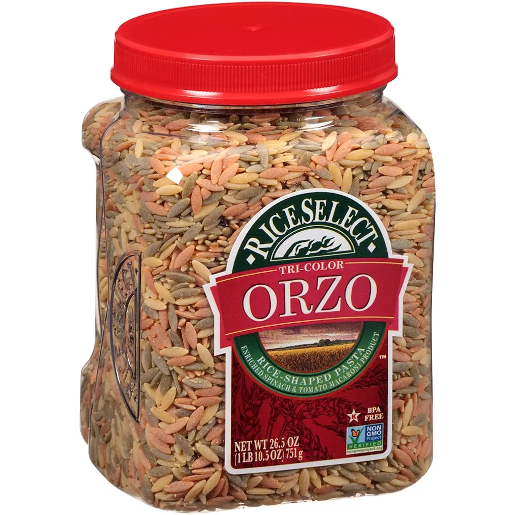 RiceSelect Tri-Color Orzo Pasta, Non-GMO, 26.5 oz (Pack of 4 Jars)