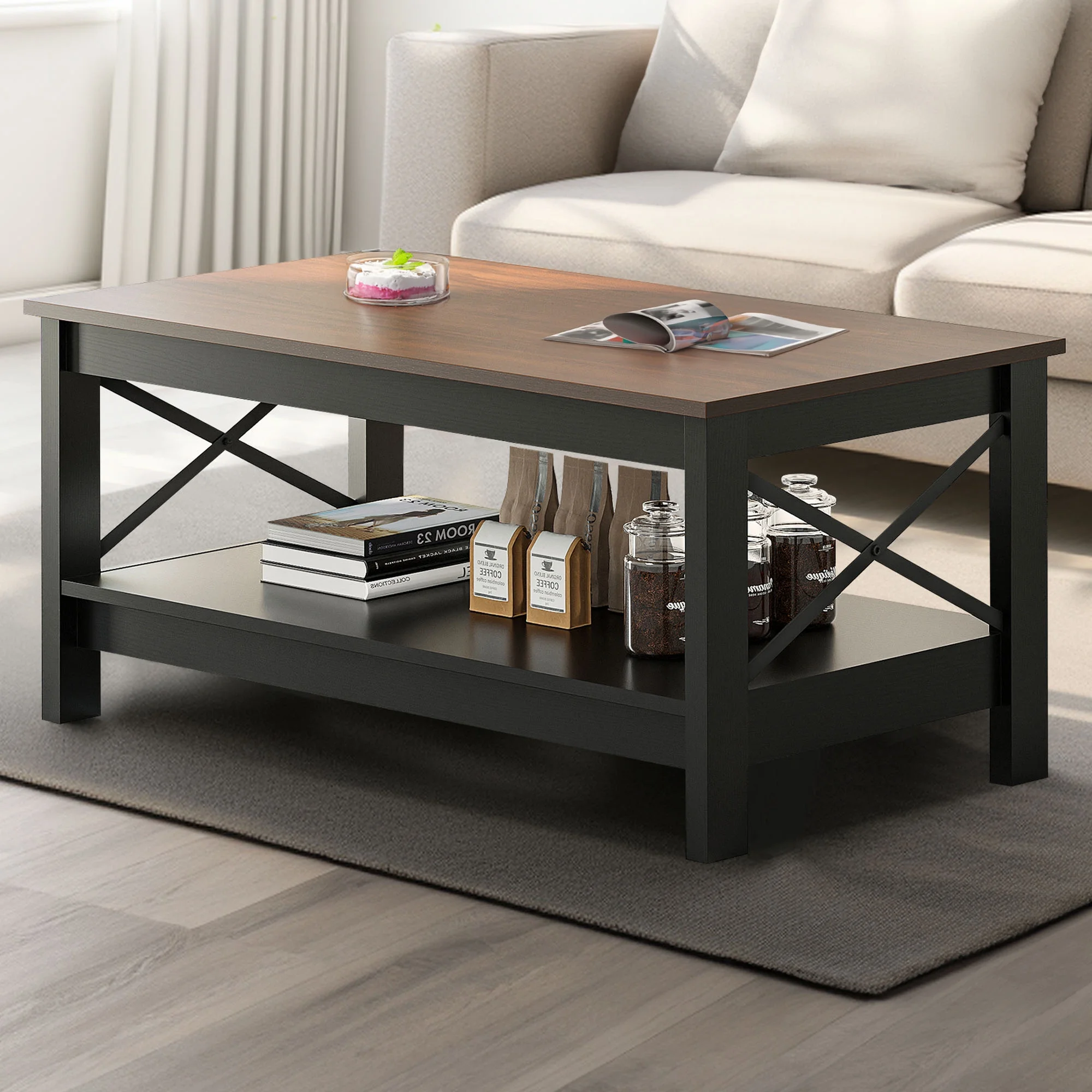 DWVO 2-Tier Brown Coffee Table with Open Storage Shelf Farmhouse Accent Cocktail Center Ends Table for Living Room