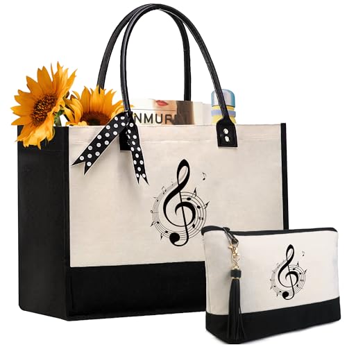 BeeGreen Mother's Day Gifts Personalized Women's Large White and Black Canvas Tote Bag, Embroidered Initials, Leather Handle, Zipper Closure