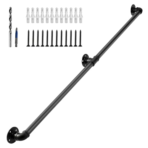 Wall Handrail 4ft for Stairs Steps,Metal Staircase Handrail,Black Galvanized Industrial Iron Hand Rail for Indoor & Outdoor Wall Mount Support,Iron Banister Rail, Safety Grab Handle