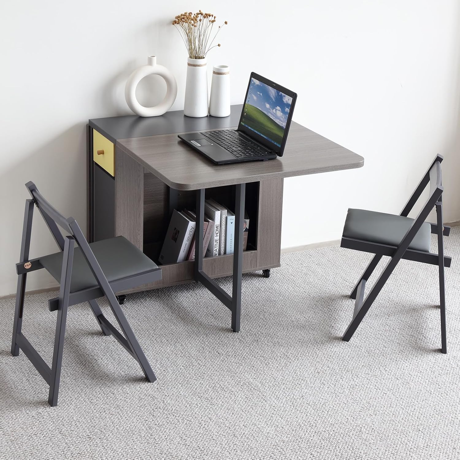 5-Piece Folding Dining Table and Folding Dining Chairs Set, Movable Space Saving Foldable Dining Table and Folding Chairs for Home, Kitchen, Dining Room (Table + 4 Chairs, Grey)