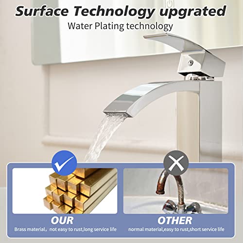 Brushed Nickel Vessel Sink Faucet, Waterfall Bathroom Faucets, Tall Spout Single Handle Single Hole Bathroom Faucets with Pop Up Drain and Without Overflow Basin Faucet Supply Line