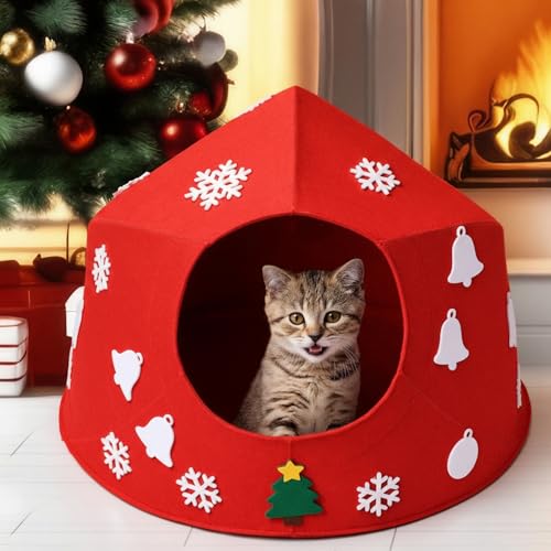 Christmas Cat Bed Large Bell Snowflake Tree Pattern Christmas Cat Red Bed House Handmade Scratch Detachable & Washable Xmas Beds Cave for Indoor Kitten Medium Large Pet