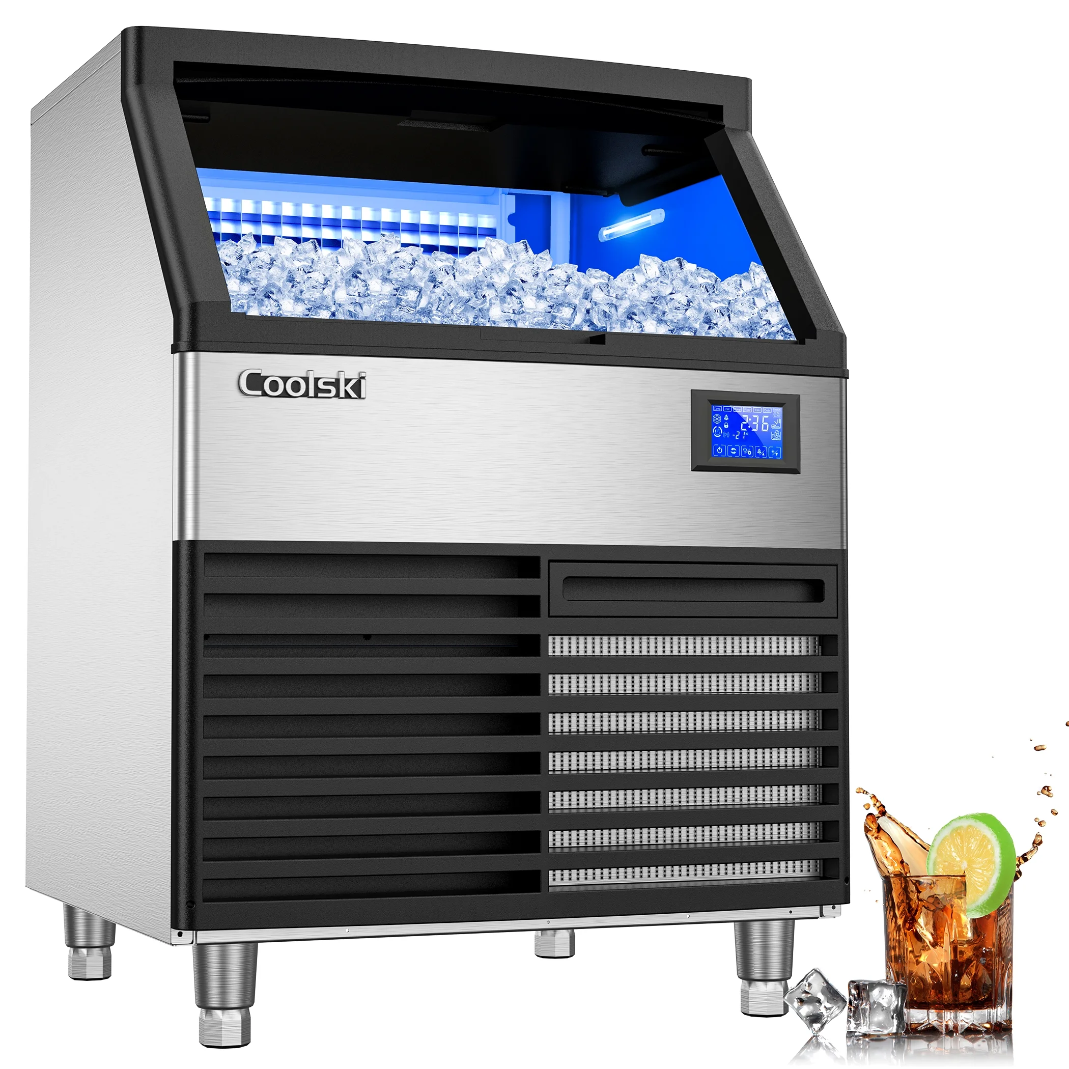 Coolski Commercial Ice Maker Machine 320LBS/24H, 26’’ Under Counter Ice Machine with SECOP Compressor/80LBS Storage Bin/Self Cleaning, Freestanding Ice Maker for Restaurants/Bars, ETL Approved