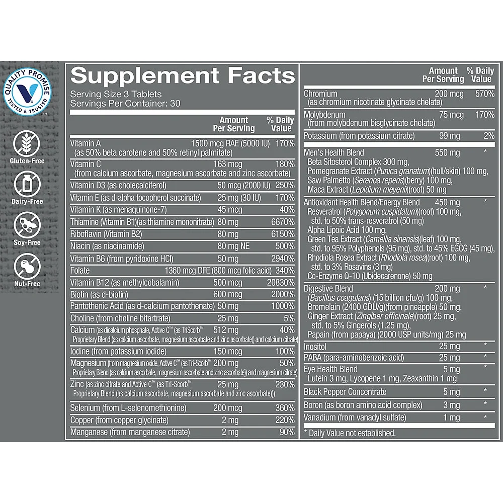 Ultimate Man Gold Multivitamin, High Potency Multi – Energy & Antioxidant Blend, Daily Multi-mineral Supplement for Optimal Men’s Health, Gluten & Dairy Free (90 Tablets) by The Vitamin Shoppe