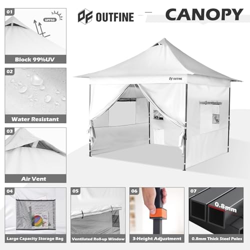 OUTFINE Heavy Duty Canopy 10x10 Pop Up Commercial Canopy Tent with 3 Side Walls Instant Shade, Bonus Upgrade Roller Bag, 4 Weight Bags, Stakes and Ropes (White, 10 * 10FT)