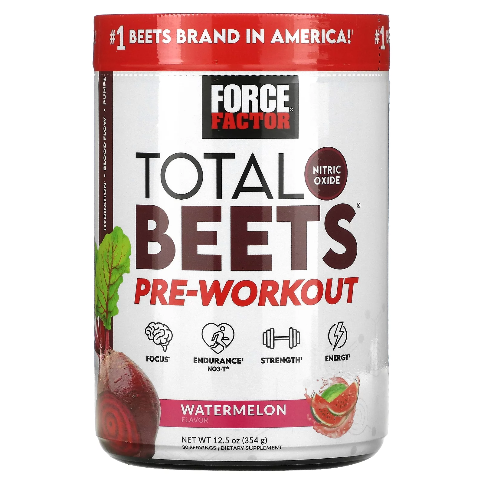 FORCE FACTOR Total Beets Pre-Workout Powder to Boost Energy  Endurance, Increase Strength, and Improve Blood Flow and Pumps, Nitric Oxide Supplement with Beet Root Powder, Watermelon, 30 Servings