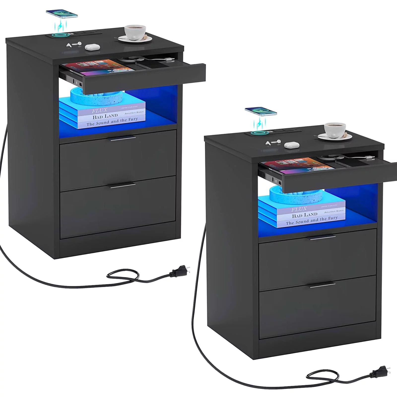 ADORNEVE Nightstand Set of 2 with Wireless Charging Station and 2 Drawers, Bedside Table with LED Lights, Black