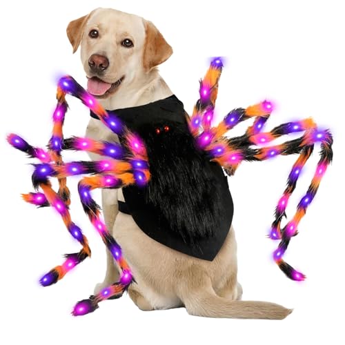 Dog Halloween Costume Large Breed, Furry Dog Spider Costume with 64 LED, Funny Halloween Dogs Costumes for Large Dogs Medium Pet Halloween Party Cosplay (Orange)