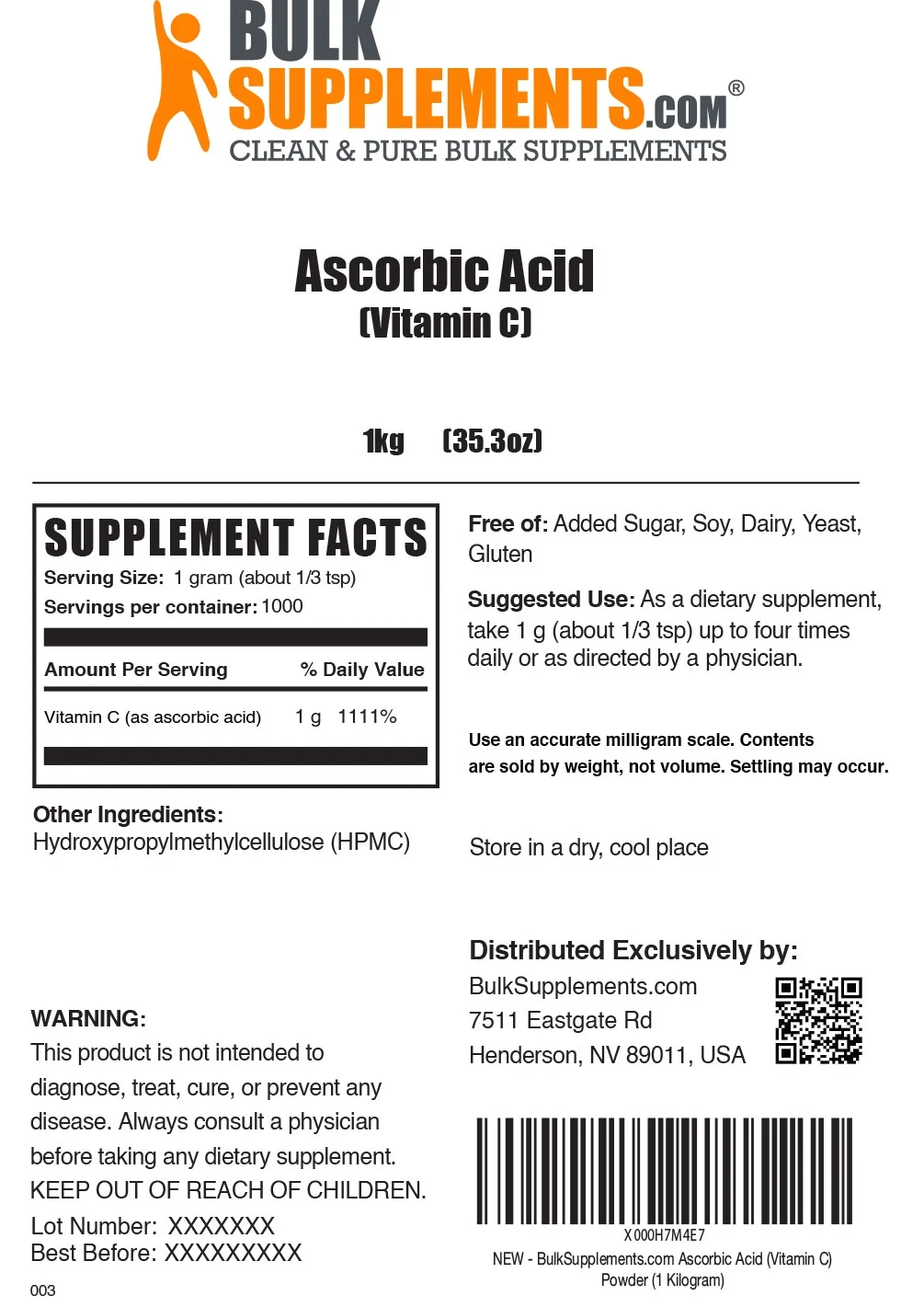 BulkSupplements.com Ascorbic Acid (Vitamin C) Powder, 1g - Immunity Booster (5 Kilograms)
