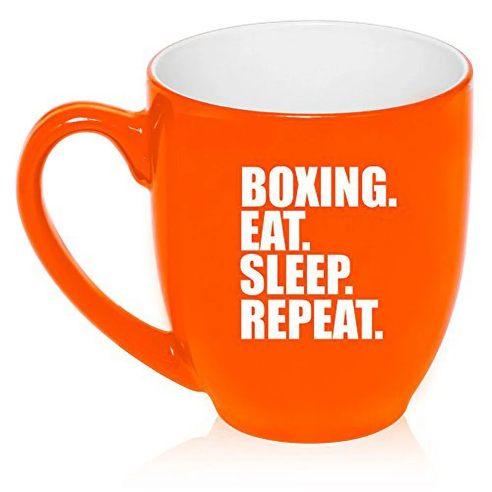 16 oz Large Bistro Mug Ceramic Coffee Tea Glass Cup Boxing Eat Sleep Repeat (Orange)