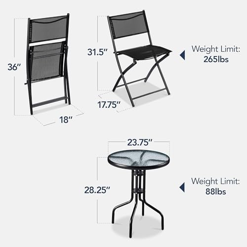 Best Choice Products 3-Piece Patio Bistro Dining Furniture Set w/Glass Tabletop, 2 Folding Chairs, Steel Frame, Polyester Fabric - Gray