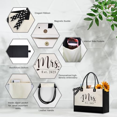 BeeGreen Mother's Day Gifts Personalized Women's Large White and Black Canvas Tote Bag, Embroidered Initials, Leather Handle, Zipper Closure