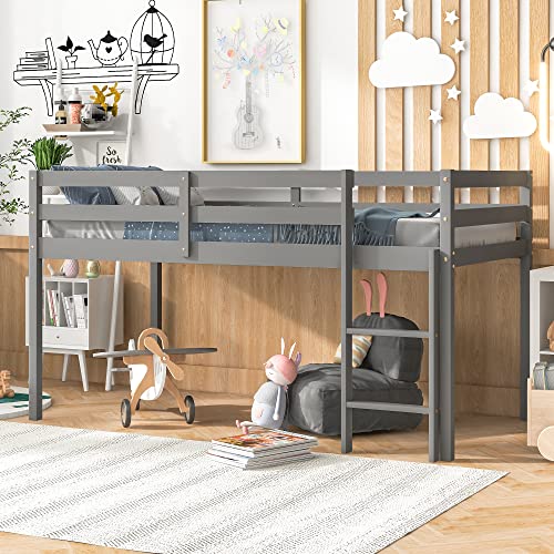 Loft Bed Twin,Loft Bed for Kids with Ladders and Guard Rails,Solid Wood and Sturdy Low Loft Bed Frame for Boys Girls and Junior,No Box Spring Needed,Easy to Assembly,Twin(Grey)