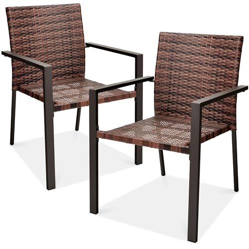 Best Choice Products Set of 2 Stackable Outdoor Wicker Dining Chairs All-Weather Firepit Armchair w/Armrests, Steel Frame for Patio, Deck, Garden, Yard - Black