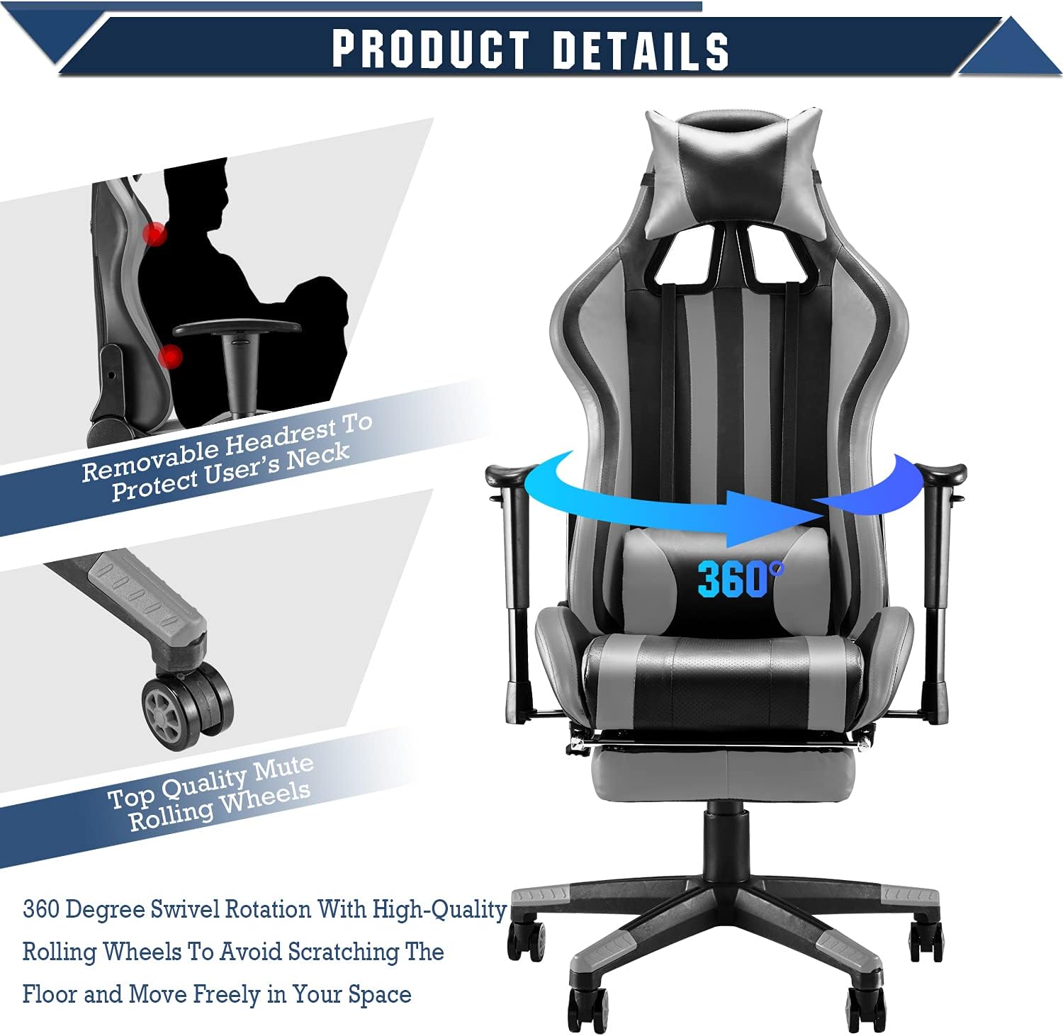 Soontrans Racer Style Gaming Chair with Footrest,Gamer Chair, Game Chair,Swivel Desk Chair with Backrest Seat Height Adjustable Headrest and Lumbar Pillow(Black/Gray)