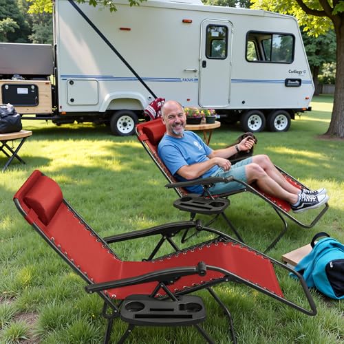 Greesum Zero Gravity Chairs Set of 2 Adjustable Steel Mesh Recliners Beach Deck Lawn Camping Patio Foldable Lounge Chair with Cup Holder Trays and Pillows,Brown
