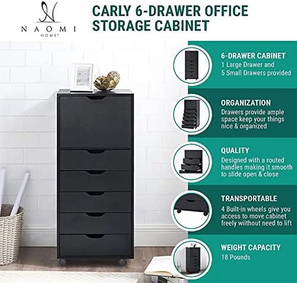 HJZBNONE Home Carly 6-Drawer Office  File Cabinet on Wheels  Mobile Under Desk Filing Drawer Unit  Craft  Organization for Home  Office \u2013 Distressed Black