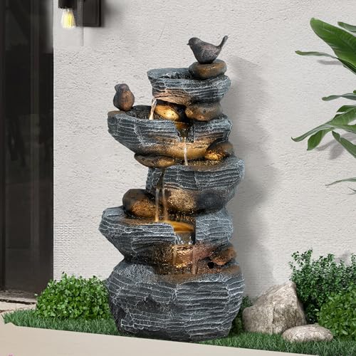 5-Tiers Cascading Rock Water Fountain Outdoor - Waterfalls Fountains with LED Lights, Outdoor/Indoor Resin Water Feature Fountain for Patio, Garden, Backyard, Deck, Porch, Home Art Docor