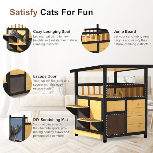 Outdoor Cat House Weatherproof - Outside Two Story Feral Cat Shelter with Escape Door, Wood Dog Condo for Small/Medium Pets, Pull-Out Bottom & Scratching Mat Included - Black and Earthy Yellow