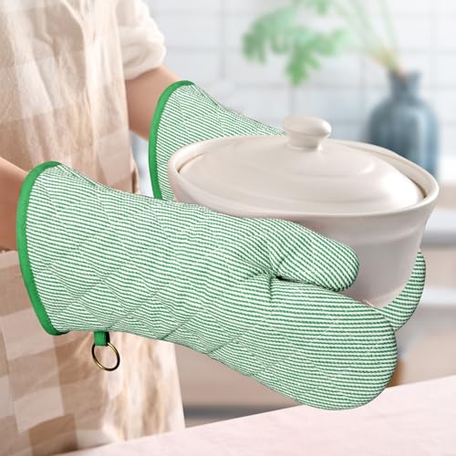 1 Pair Yarn Dyed Oven Mitts 100% Cotton Heat Resistant 470 Degree Gloves Men Women Cooking Baking Barbecue BBQ Microwave Crafting Machine Washable Pot Holders Mittens (red2)