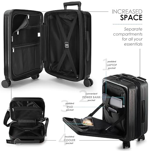 22 Inch Carry On Luggage 22x14x9 Airline Approved, Carry On Suitcase with Wheels, Hard-shell Carry-on Luggage, Durable Luggage Carry-On, Black Small Suitcase with Cosmetic Case