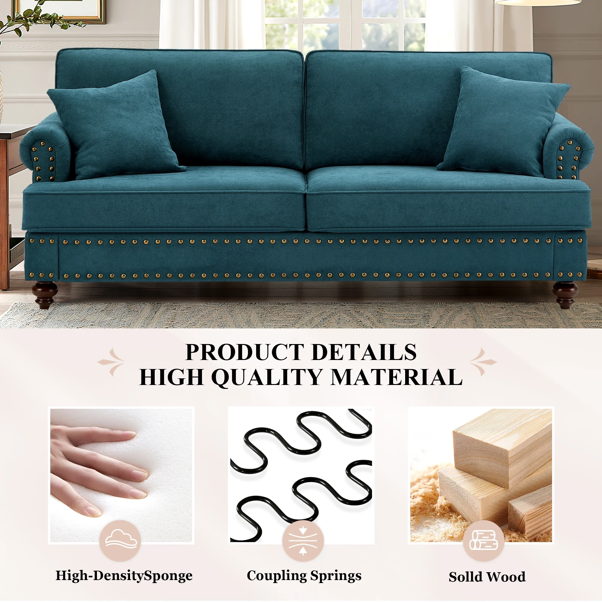 Muumblus 2 Pieces Chenille Living Room Sets with Nailhead, 2 Seater Loveseat Sofa and 3 Seater Sofa Couch, Lake Green