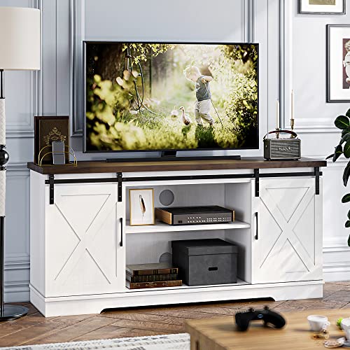 IDEALHOUSE Farmhouse TV Stand for 65 Inch TV Entertainment Center TV Media Console Table, Barn Door TV Stand with Storage and Shelves, Tall Modern TV Console Table Furniture for Living Room (White)